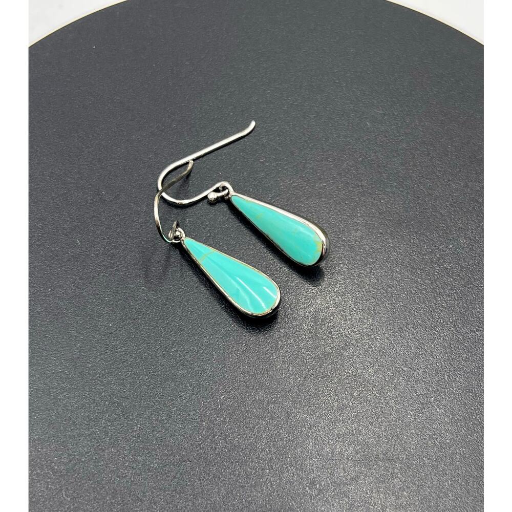 ATI Signed Vintage Sterling Silver Inlay Turquoise Teardrop Dangle Earrings - Picture 7 of 8